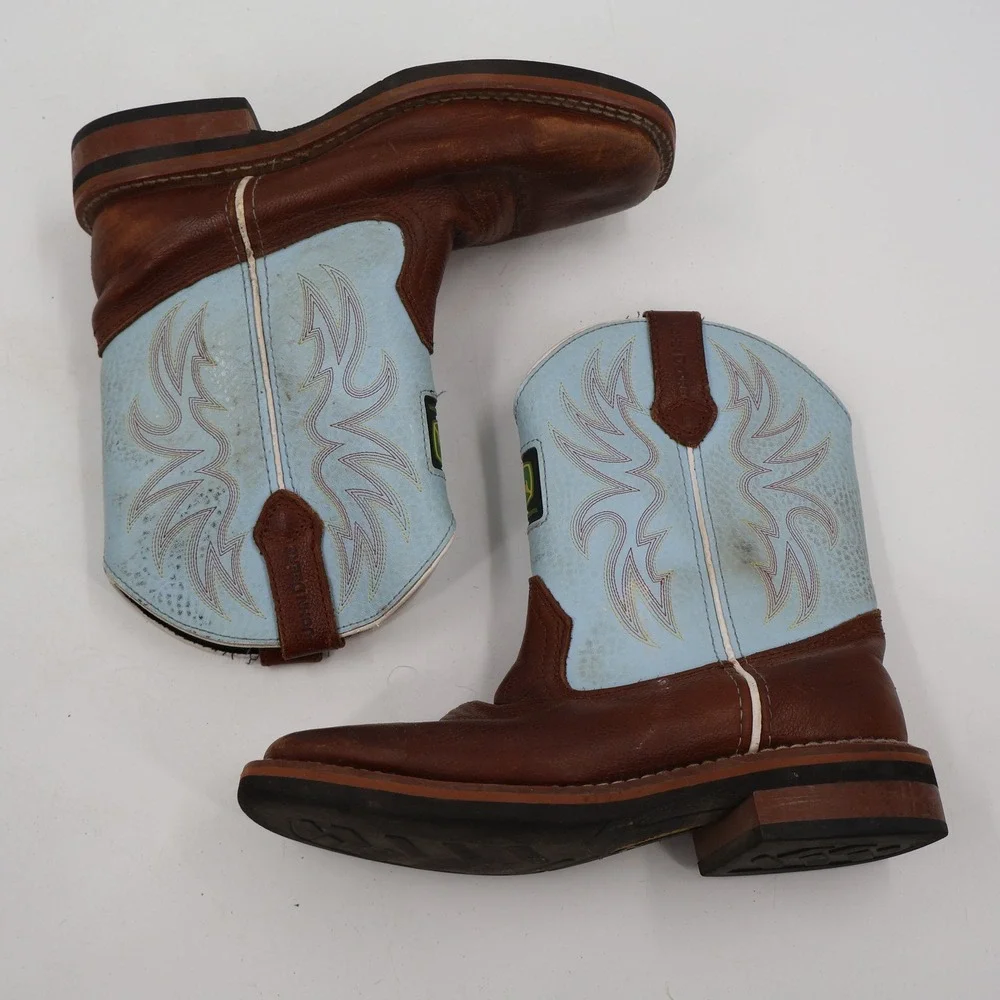John Deere Western Cowboy Boots Boys Size 3M Brown Blue Leather JD2316